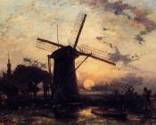 Boatman by a Windmill at Sundown - 约翰·巴托特·琼坎